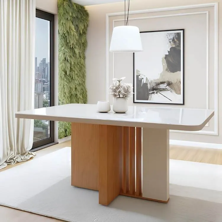 Mesa Astrid 170 Maxi Tampo MDF com Vidro Amendoa Celan.Off White Lopas Moveis — Amêndoa Clean/Off White
