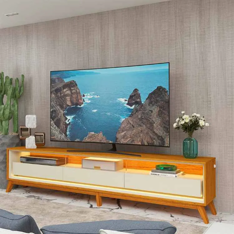 Rack Requinte 260 3G3N com LED e Pes de Madeira Naturale.Off White Gelius — Naturale/Off White