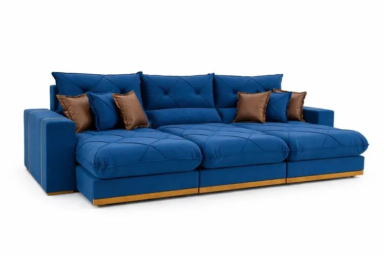 Estofado Retratil Reclinavel Granbelo Plus 320 3x90 + Braco 25cm Linho Bege 01 Idealle — Veludo Azul 24