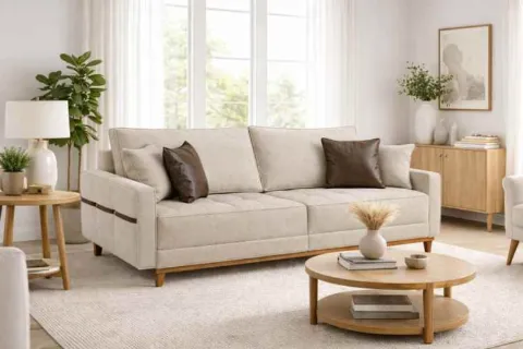 Sofa Living M-203 3 Lugares 2,00m - Tecido Linho Bege B-452 Martins Estofados