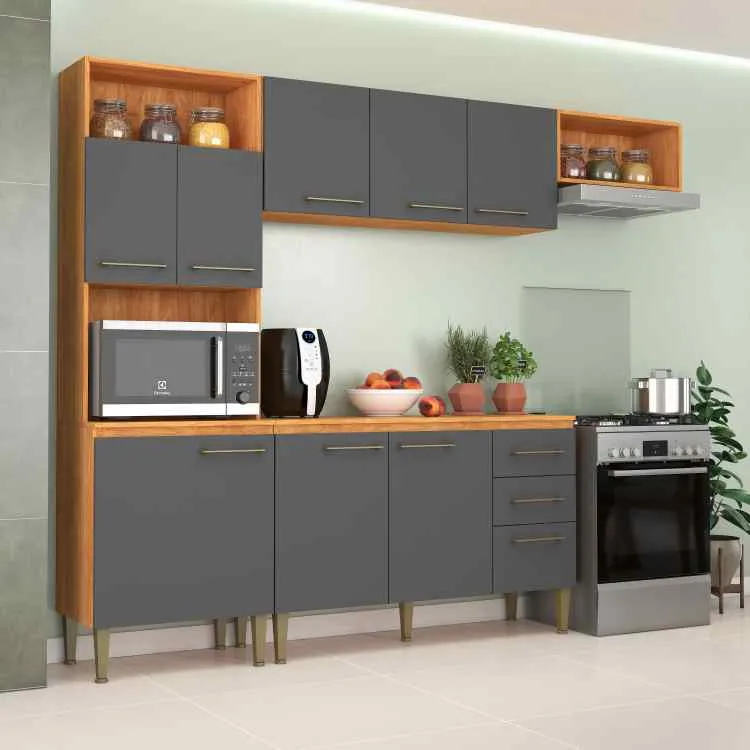 CL16.Cozinha Compacta Completa Malu 9P2G com Balcao Fellicci — Cinamomo/Grafite