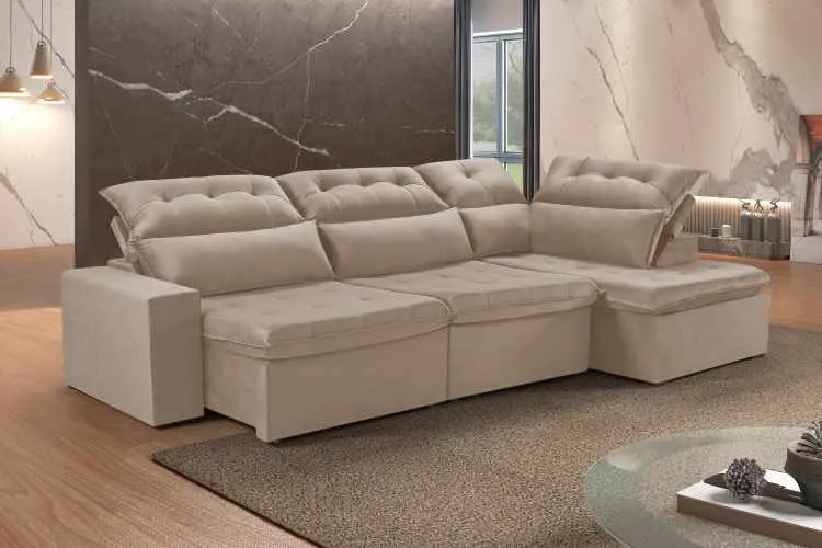 Estofado Retratil Reclinavel Martins M-153 320 3x90 + Chaise + Braço 25cm Veludo Capuccino Martins Estofados — Veludo Capuccino