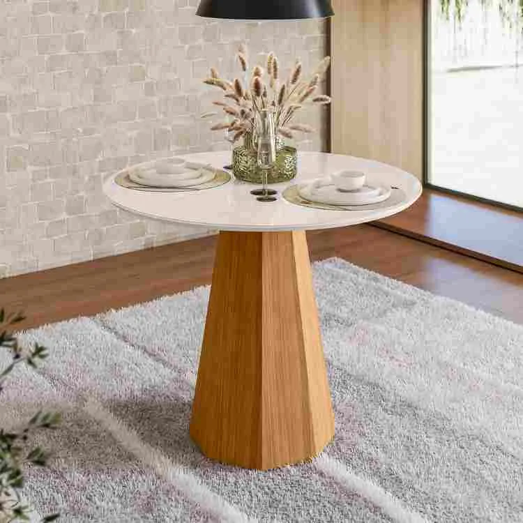 Mesa Isis 117x117 Tampo Redondo com Vidro Cinamomo/Off White 2V New Ceval — Mesa Isis 117x117 c/Vdr - Cinamomo/Off White