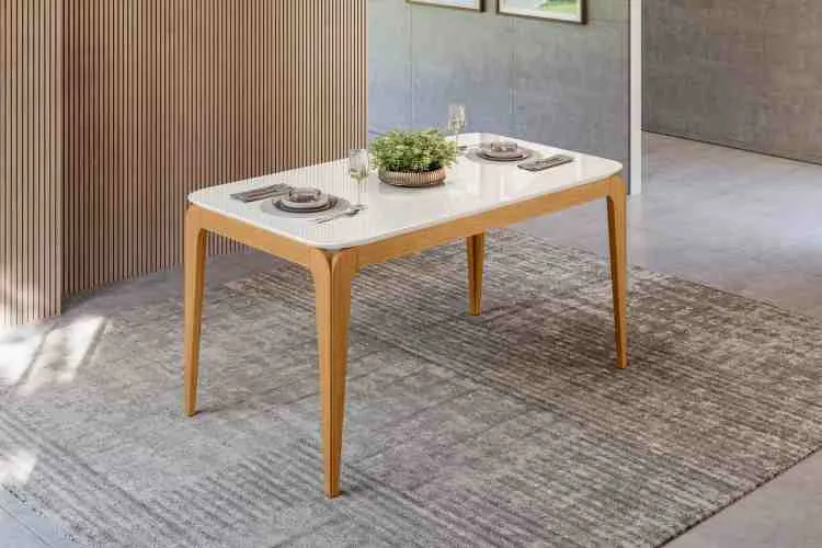 Mesa Aurea 160x90 Tampo Retangular com Vidro Cinamomo/Off White 2V New Ceval — Mesa Aurea 160x90 c/Vdr - Cinamomo/Off White