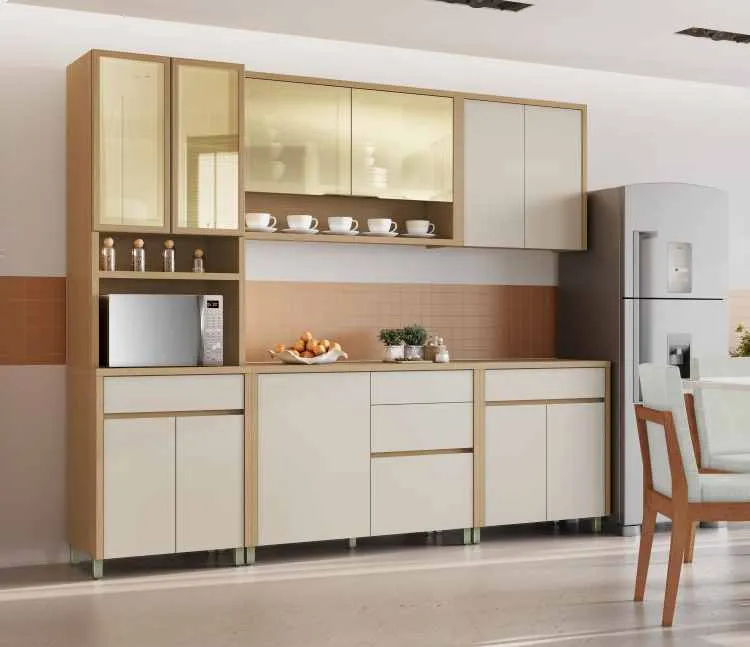 Cozinha Condessa 5 Peças com Vidro Reflecta - Carvalho/Greige, da Nesher — Cozinha Condessa 5Pçs - Carvalho/Greige
