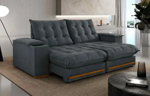 Estofado Retratil Reclinavel Meriti 250 2x100 + Braço 25cm Pillow 30cm Tec Luxo 571 Boucle Bege Teixeira