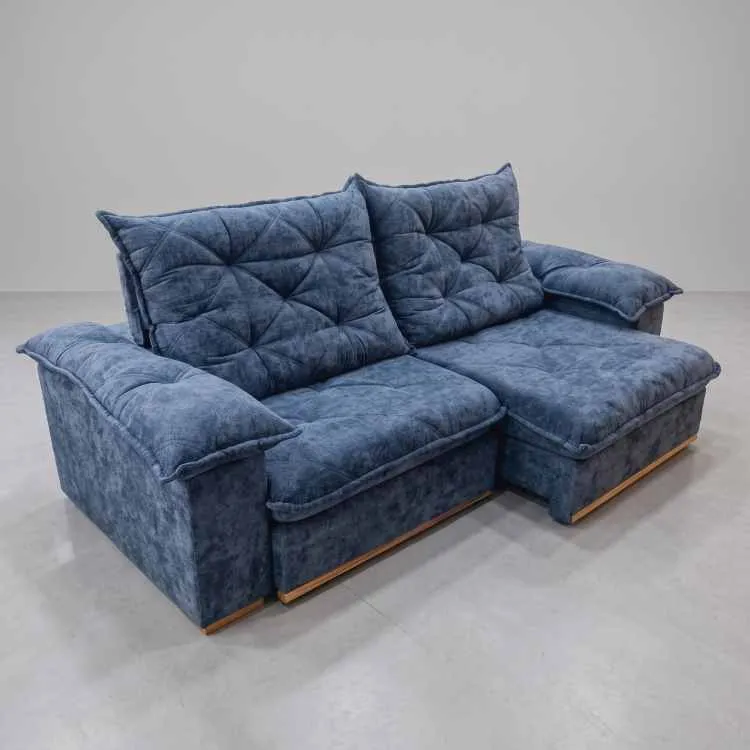 Estofado Retratil Reclinavel Teresopolis 250 2x100 + Braco 25cm Pillow 20cm Tec Luxo 575 Veludo Azul Teixeira — Veludo Luxo Azul Washed