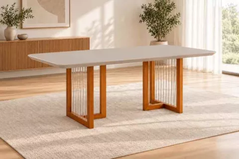 Mesa Itaipava 180x90 Tampo MDF/Vidro Mel/Off White HR Moveis