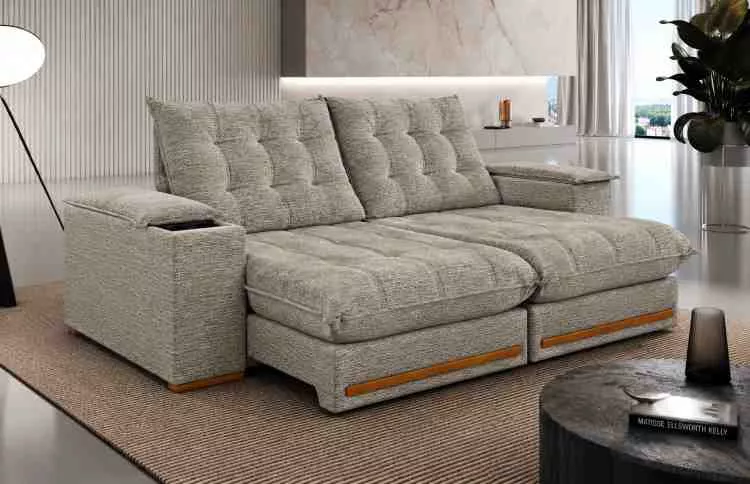 Estofado Retratil Reclinavel Meriti 250 2x100 + Braco 25cm Pillow 30cm Tec Extra 330 Veludo Grafite Teixeira — Tecido Bouclê Bege - Tec Extra 575