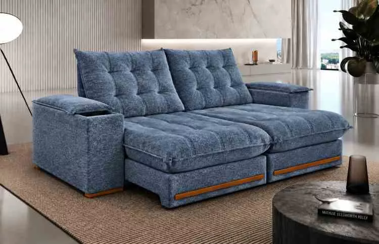 Estofado Retratil Reclinavel Meriti 250 2x100 + Braco 25cm Pillow 30cm Tec Extra 330 Veludo Grafite Teixeira — Veludo Azul Washed - Tec Luxo 575