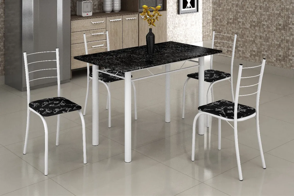 Conjunto Mesa Rio 100x60 Branco Tmp Ardosia Indiana Preto e 4 Cadeiras Rio Branco Lirio Preto Teixeira — Meda Rio 100x60 Branco/Lirio Preto