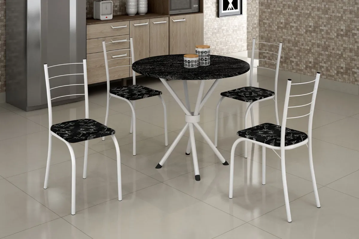 Conjunto Mesa Rio 70 Branco Indiana Preto Redondo e 4 Cadeiras Rio Branco.Liro Preto Teixeira — Mesa Rio Tmp Ind Preto 70 Branco/Preto