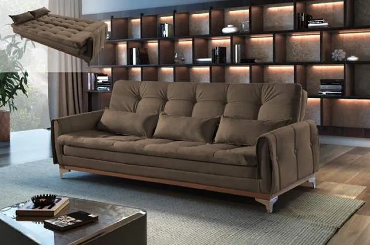 Sofa Cama Kairos 3Lgs 2 Estagios Veludo Suede Capuccino 2211A Luxury — Veludo Suede Marrom - 2263B