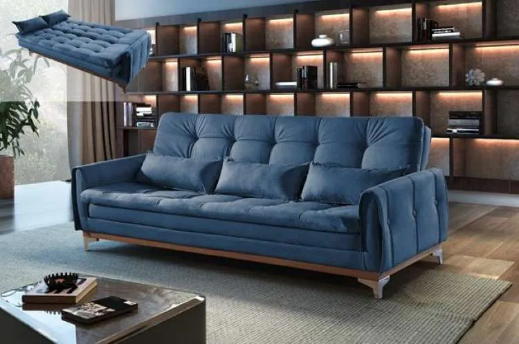 Sofa Cama Kairos 3Lgs 2 Estagios Veludo Suede Capuccino 2211A Luxury — Veludo Suede -  Azul 2308B