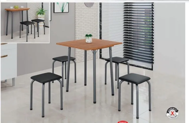 Conj Mesa Dobravel Luana Cinamomo.Martelado Prata 4 Banquetas Assentos Preto Soma — Cinamomo - Preto