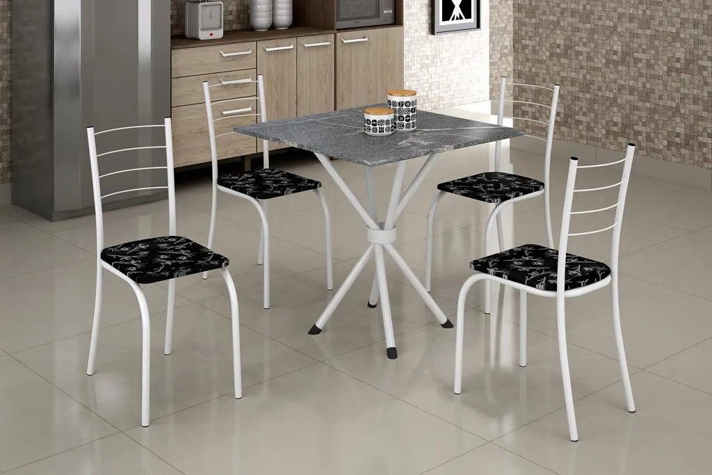 Conjunto Mesa Rio 70x70 MarteladoTmp Granito Topazio Quadrado com 4 Cds Martelado.Lirio Preto Teixeira — Mesda Rio 70x70 Branco/Preto