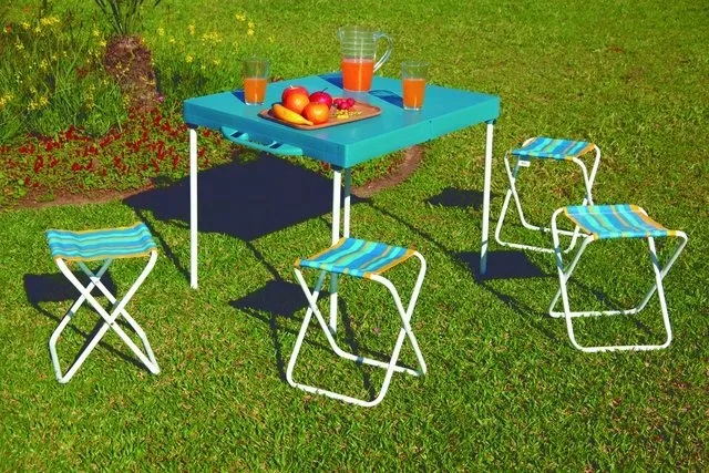 Mesa Pratica com 4 Banquetas Azul Metalurgica Mor — Mesa Pratica com Banquetas